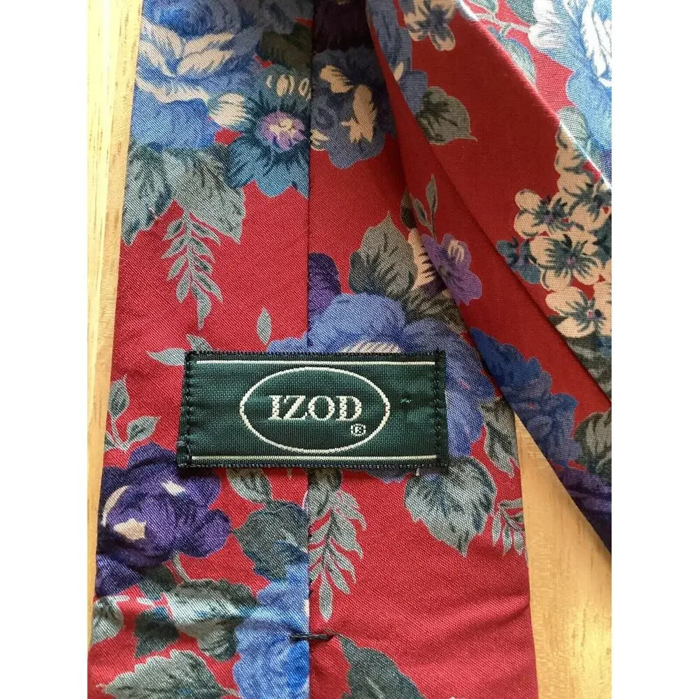 Vintage IZOD Red blue‎ floral Classic Pointed Neck Tie Adult 3 1/2 inch